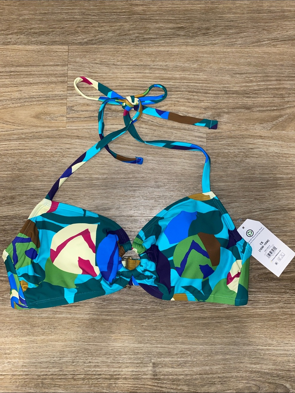 Time and Tru Multicolor Abstract Print Bikini Top - Teal, Blue, Green